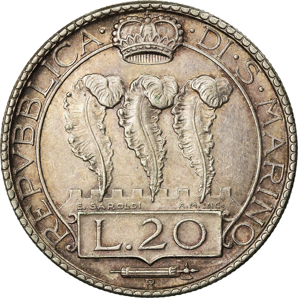 San Marino, 20 Lire, 1933, Rome, Prata, AU(55-58), KM:11