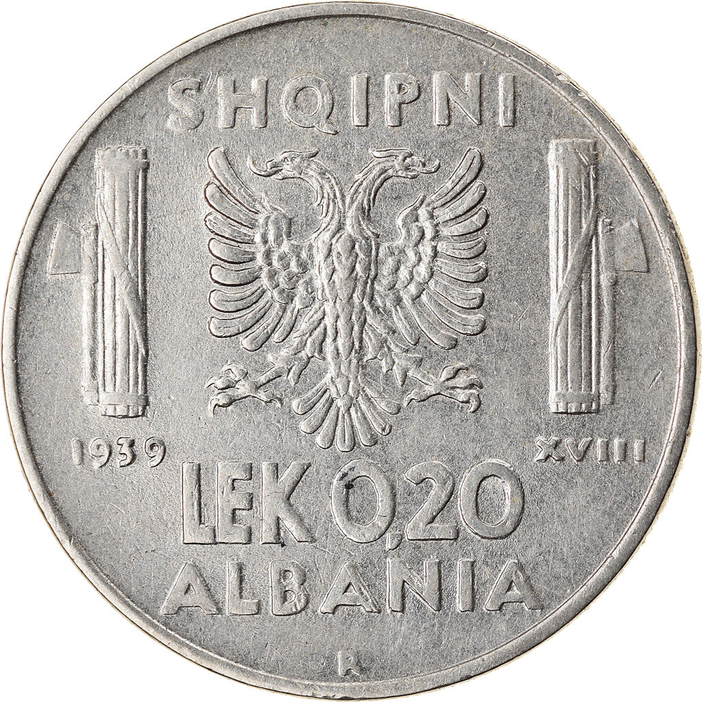 Moneta, Albania, Vittorio Emanuele III, 0.20 Lek, 1939, Rome, BB+, Acciaio