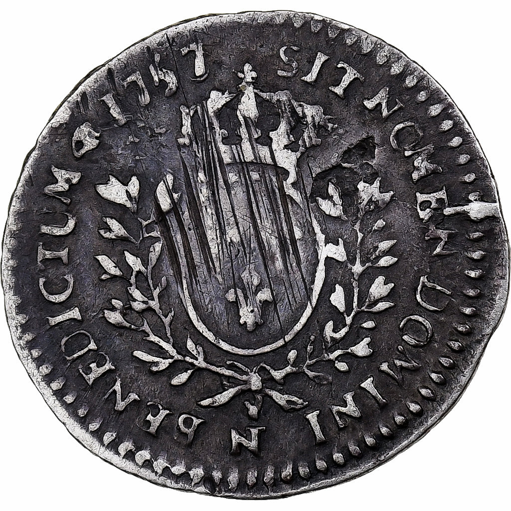 Francja, Louis XV, 1/20 Écu au bandeau, 1757, Montpellier, Srebro, VF(30-35)