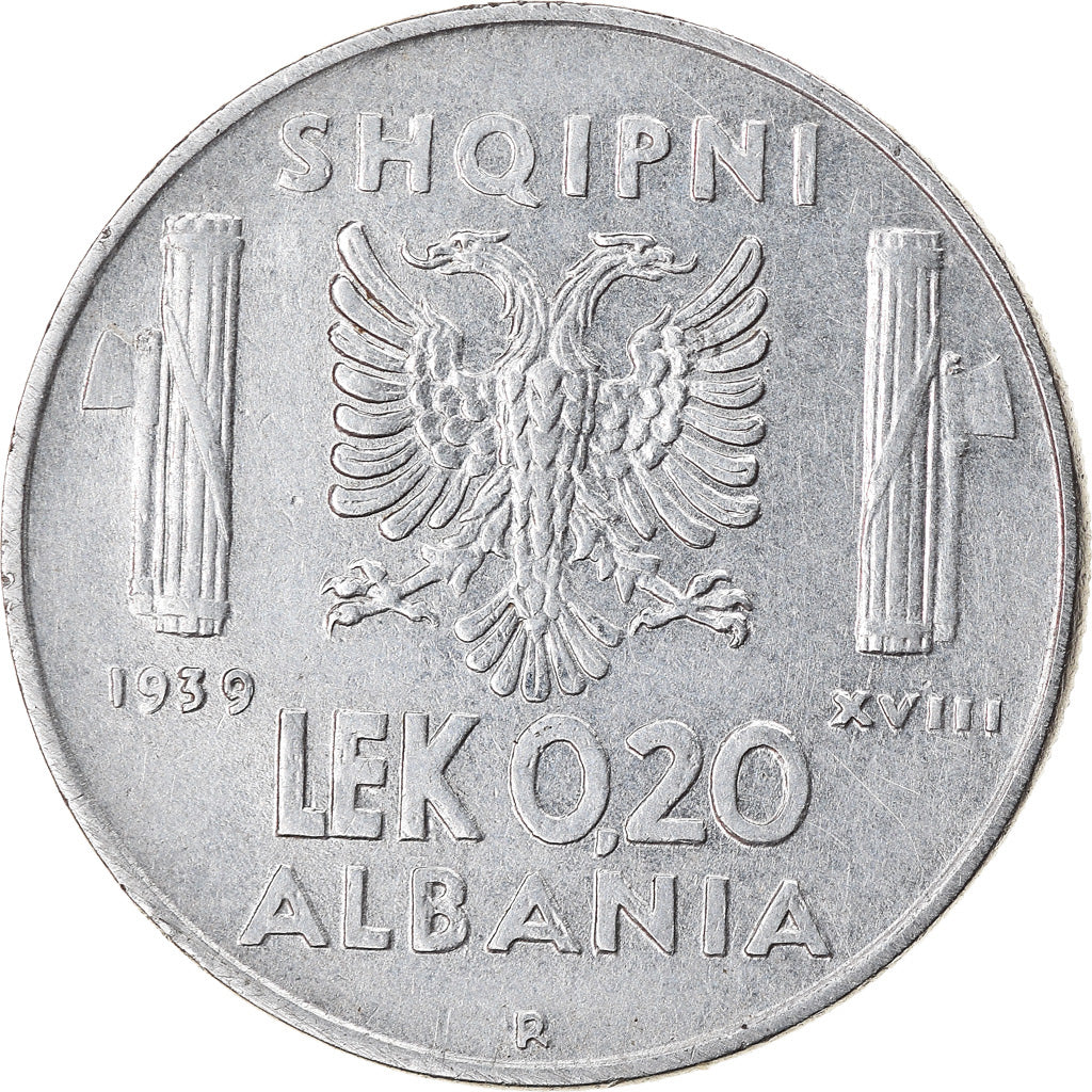 Coin, Albania, Vittorio Emanuele III, 0.20 Lek, 1939, Rome, AU(55-58), Stainless