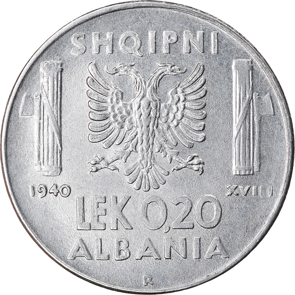 Coin, Albania, Vittorio Emanuele III, 0.20 Lek, 1940, Rome, AU(50-53), Stainless