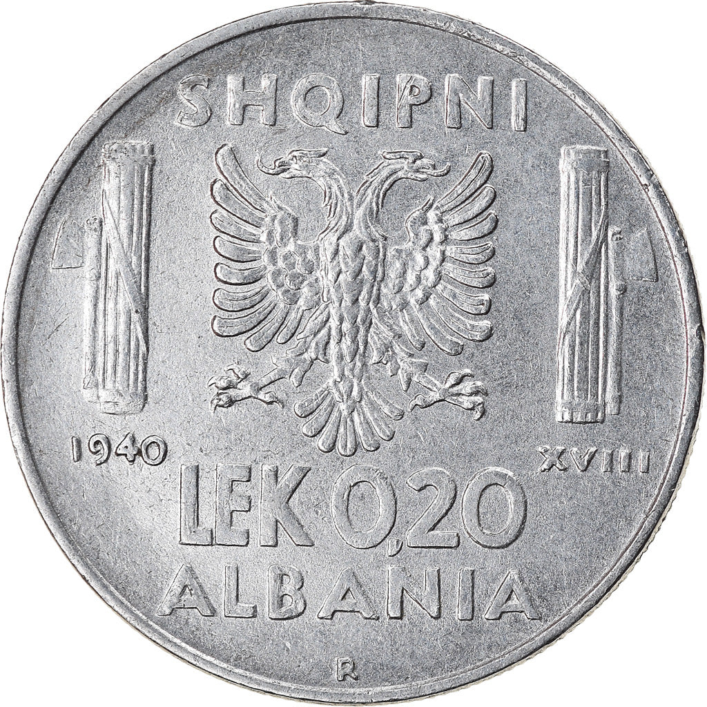 Coin, Albania, Vittorio Emanuele III, 0.20 Lek, 1940, Rome, AU(50-53), Stainless