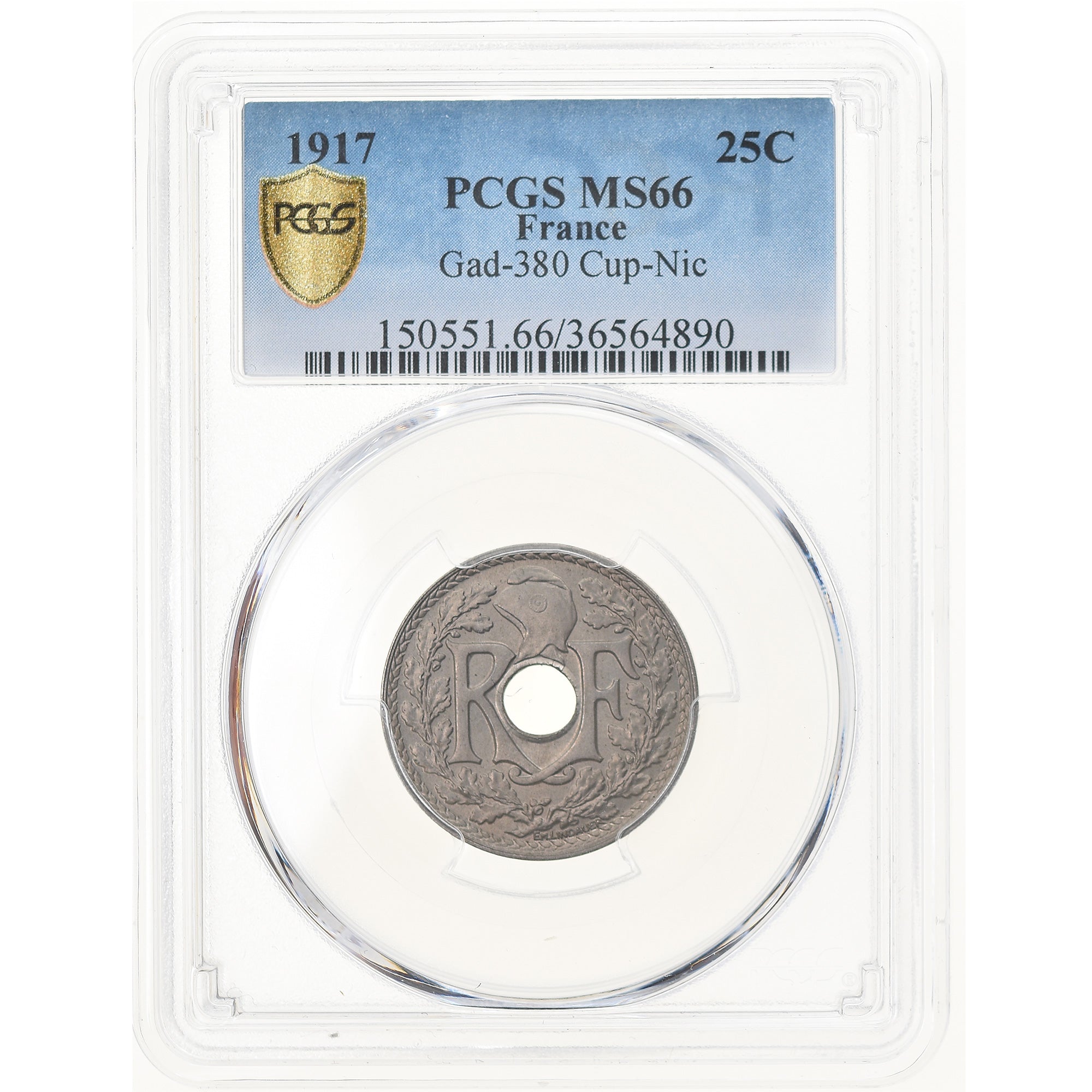 Moeda, França, Lindauer, 25 Centimes, 1917, PCGS, MS66, MS(65-70)