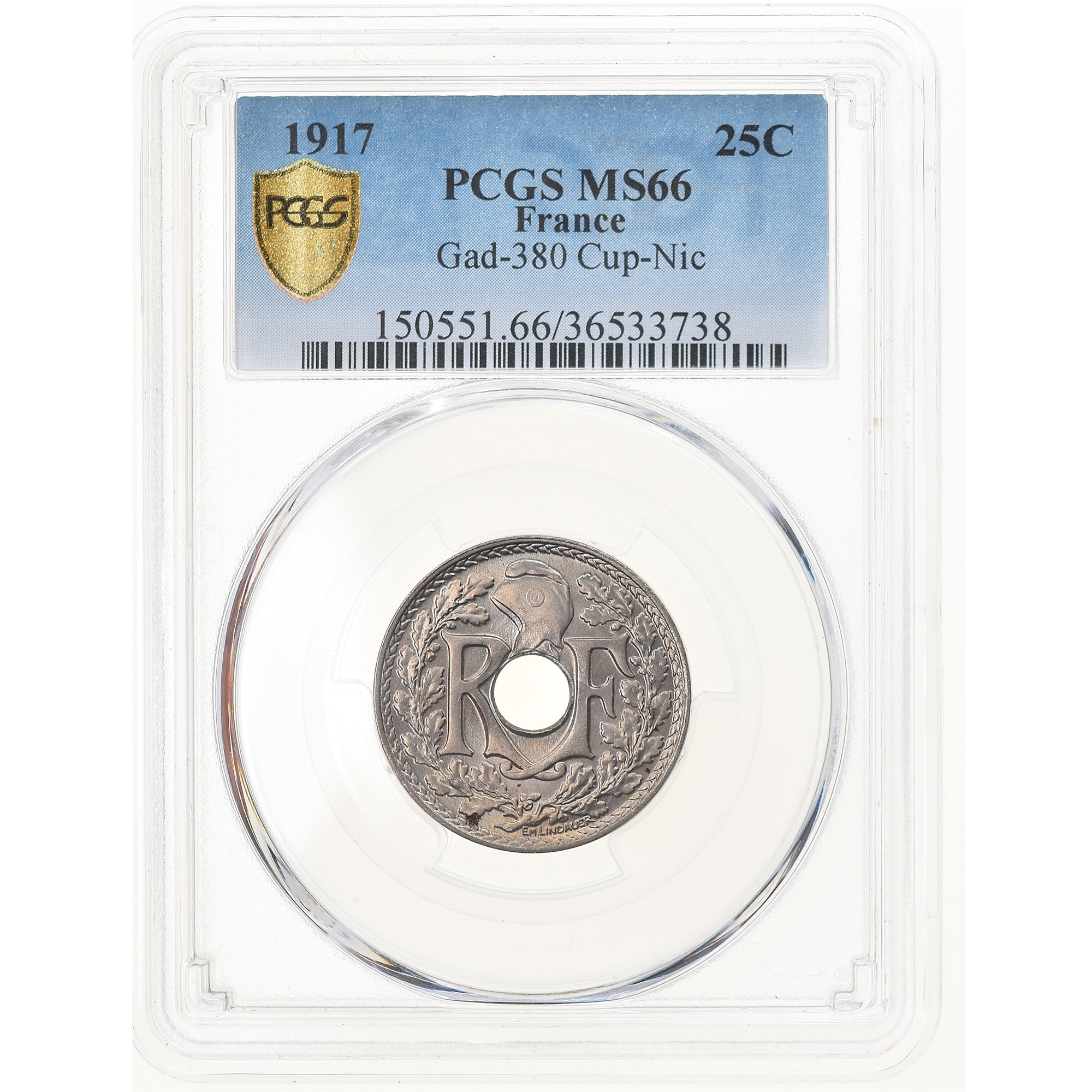 Moneda, Francia, Lindauer, 25 Centimes, 1917, PCGS, MS66, FDC, Cobre - níquel