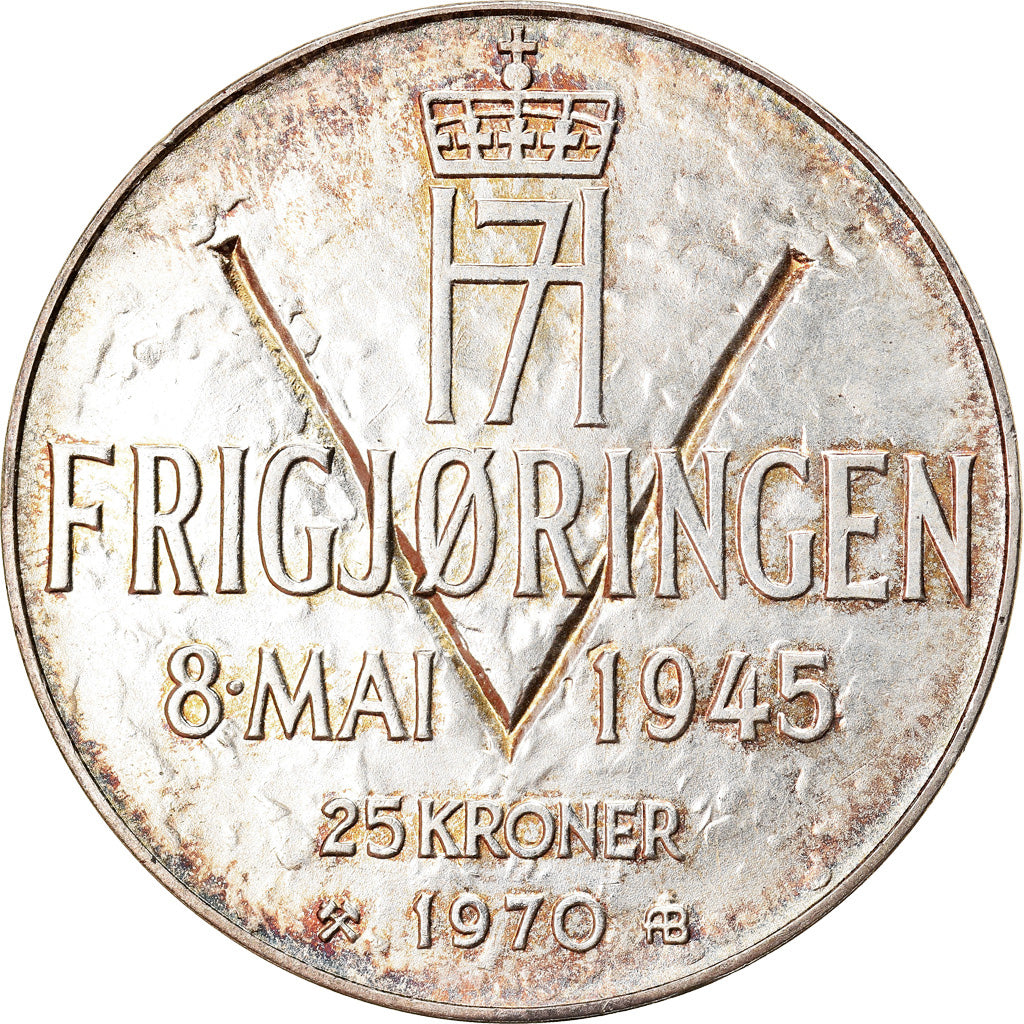 Coin, Norway, Olav V, 25 Kroner, 1970, MS(60-62), Silver, KM:414