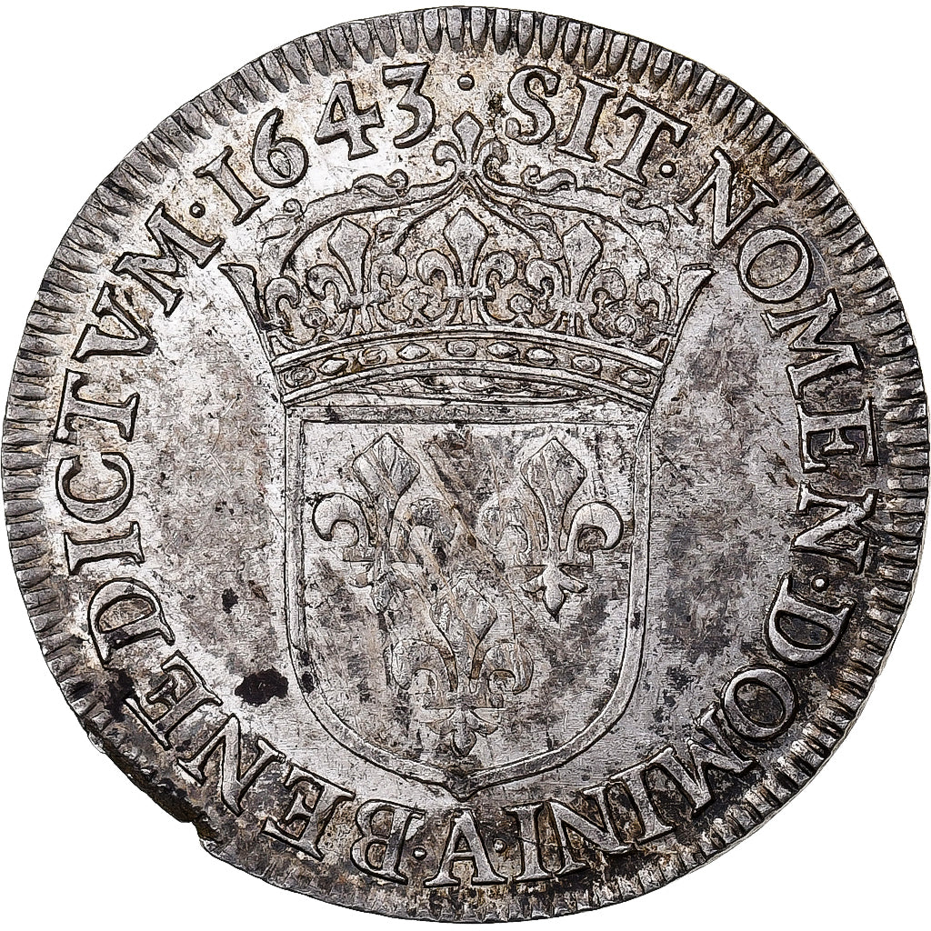 France, Louis XIV, 1/4 Écu à la mèche courte, 1643, Paris, réformé, Argent