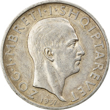 Coin, Albania, Zog I, Frang Ar, 1937, Rome, AU(50-53), Silver, KM:18
