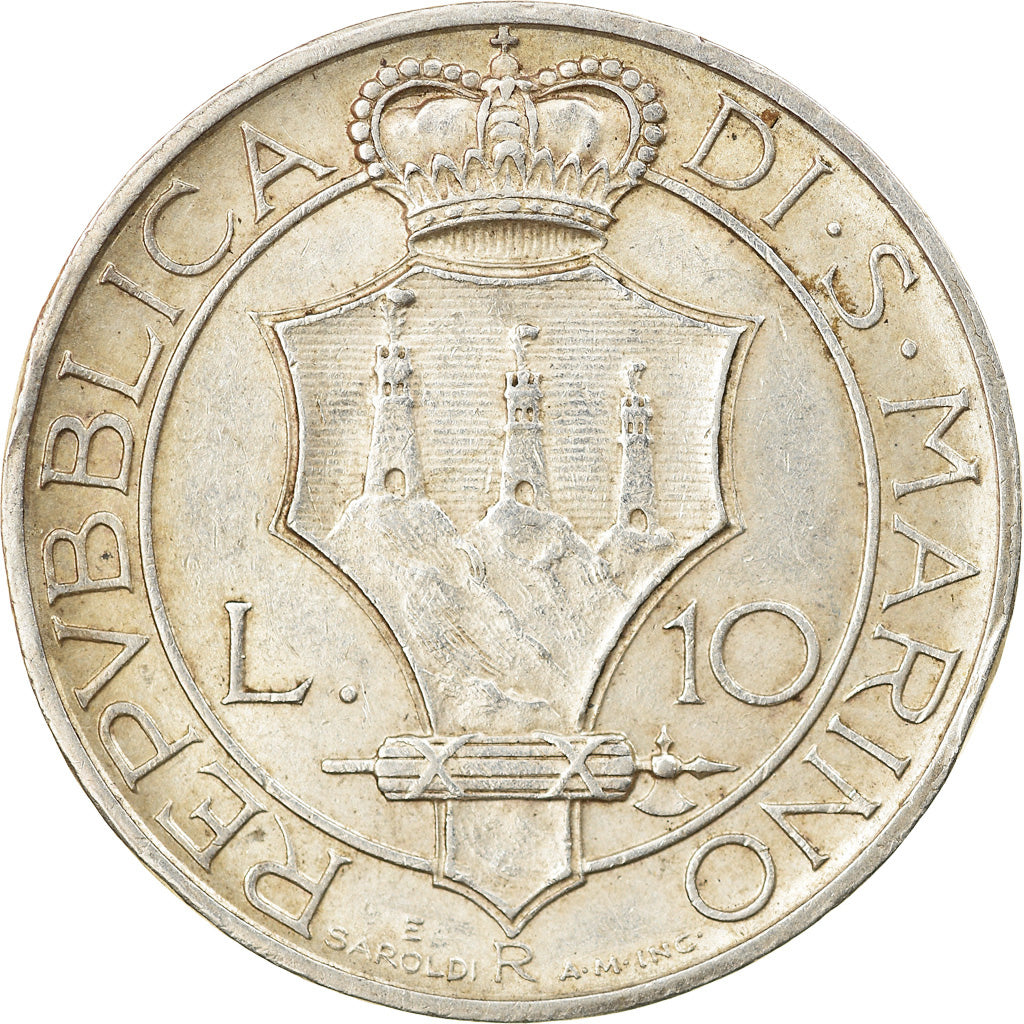 Moeda, San Marino, 10 Lire, 1935, Rome, AU(55-58), Prata, KM:10