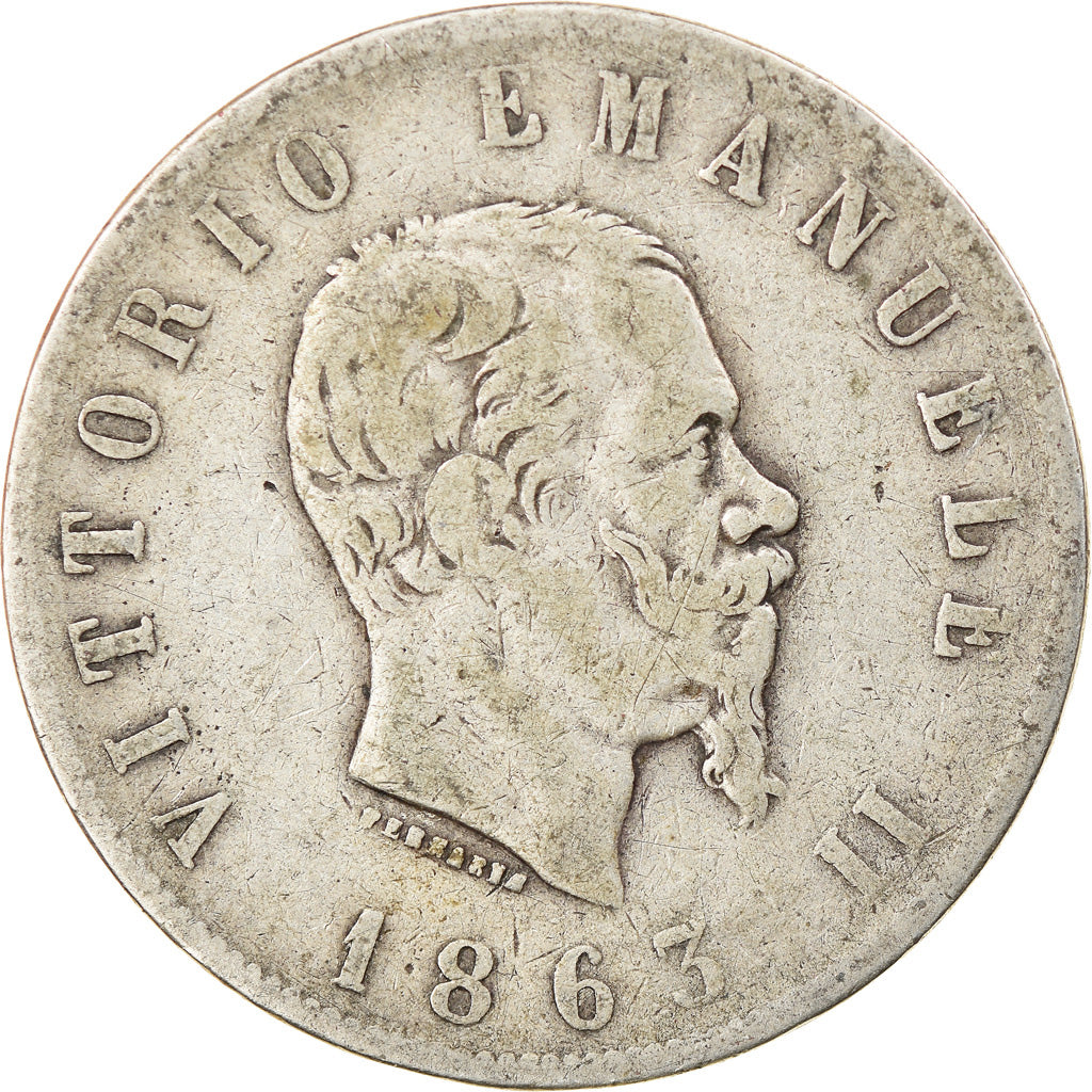Moneda, Italia, Vittorio Emanuele II, 2 Lire, 1863, Naples, BC+, Plata, KM:6a.1