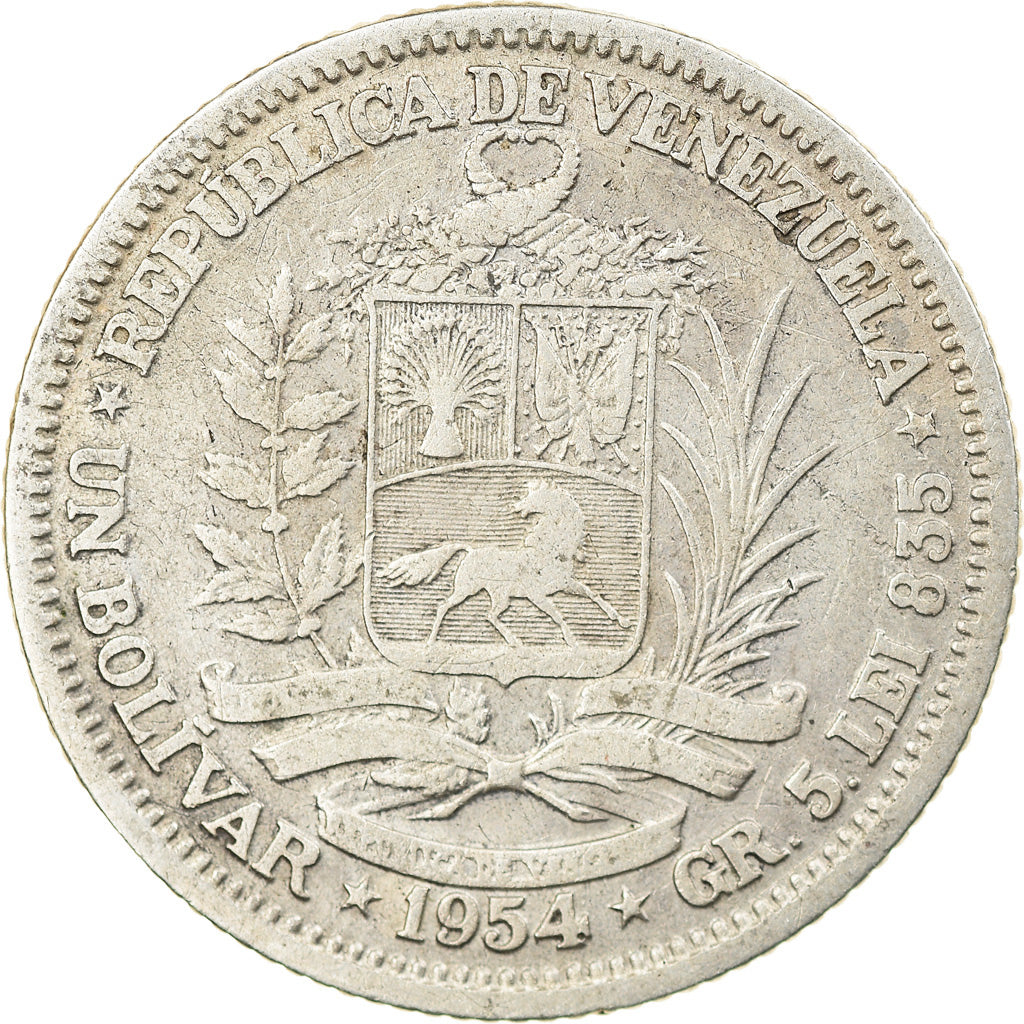 Coin, Venezuela, Bolivar, 1954, Philadelphia, VF(30-35), Silver, KM:37