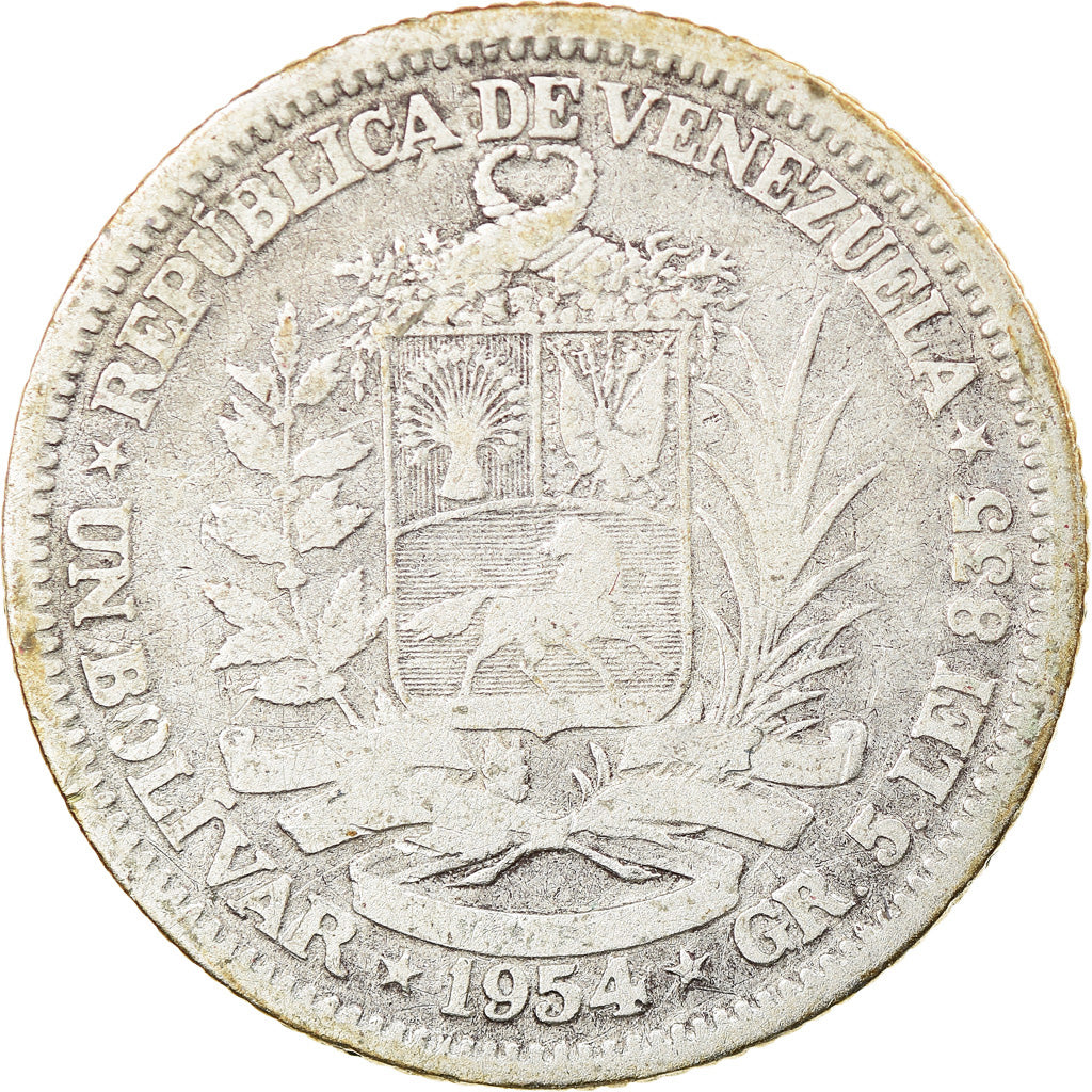 Coin, Venezuela, Bolivar, 1954, Philadelphia, VF(30-35), Silver, KM:37