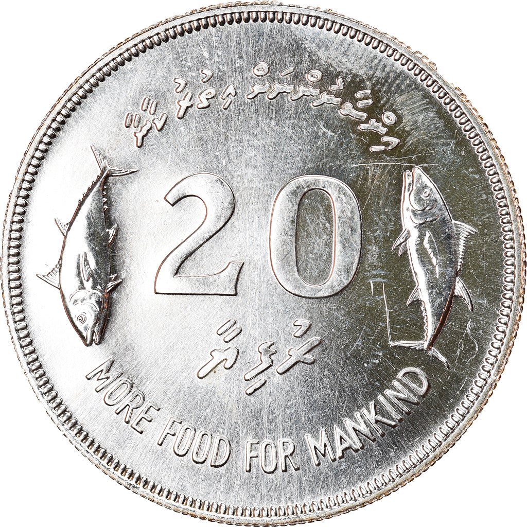 Moneda, ISLAS MALDIVAS, 20 Rufiyaa, 1977, FDC, Plata, KM:56