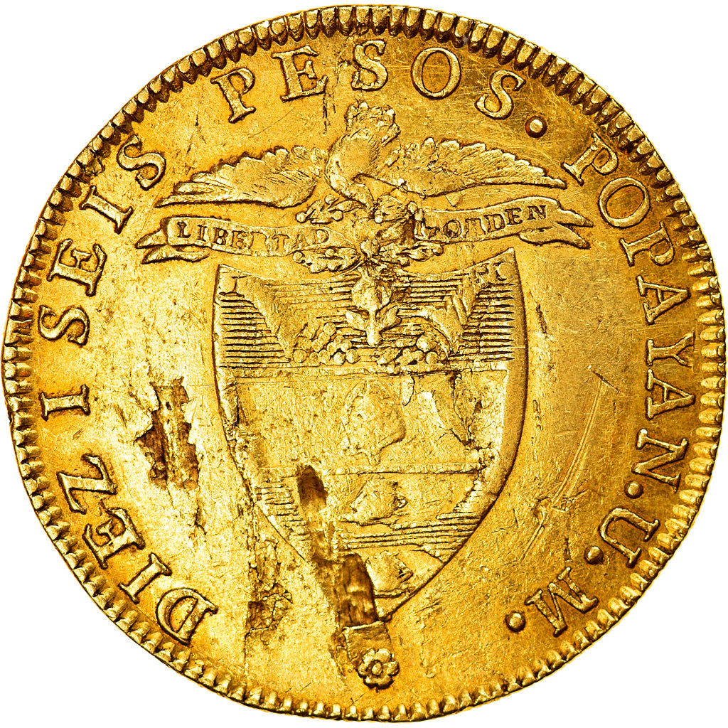 Colombia, 16 Pesos, 1845, Popayan, Oro, BC+, Friedberg:75, KM:94.2