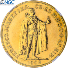 Hongrie,	François-Joseph Ier, 100 Korona, 1908 (1974), Refrappe, Or, NGC, MS66