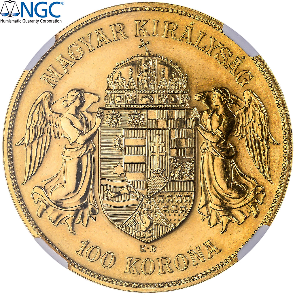 Hongrie,	François-Joseph Ier, 100 Korona, 1908 (1974), Refrappe, Or, NGC, MS66