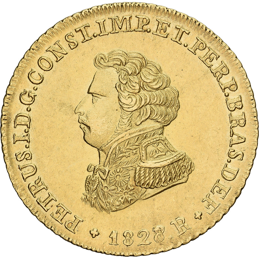 Brazil, Pedro I, 6400 Reis, 1828/7, Rio de Janeiro, Gold, MS(63), KM:370.1