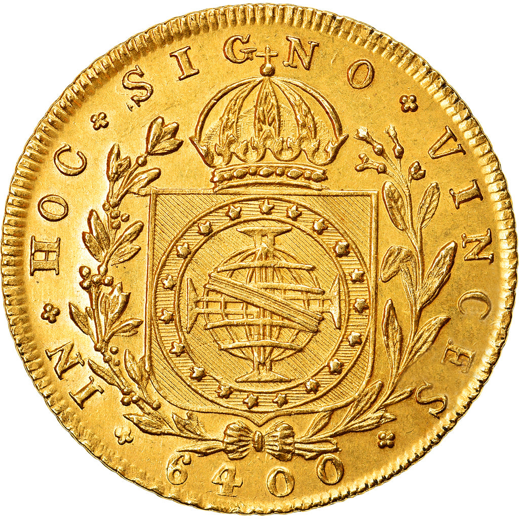 Brazil, Pedro I, 6400 Reis, 1828/7, Rio de Janeiro, Gold, MS(63), KM:370.1