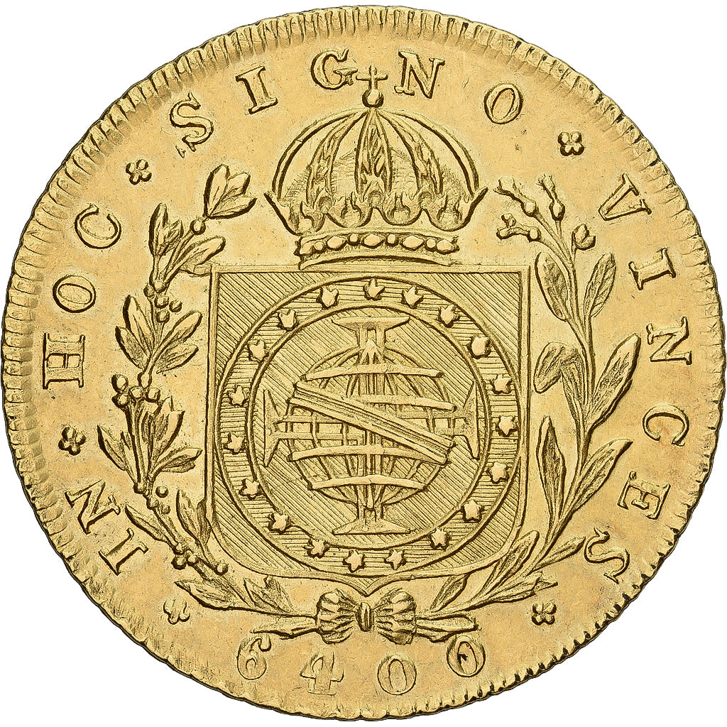 Brazil, Pedro I, 6400 Reis, 1828/7, Rio de Janeiro, Gold, MS(63), KM:370.1