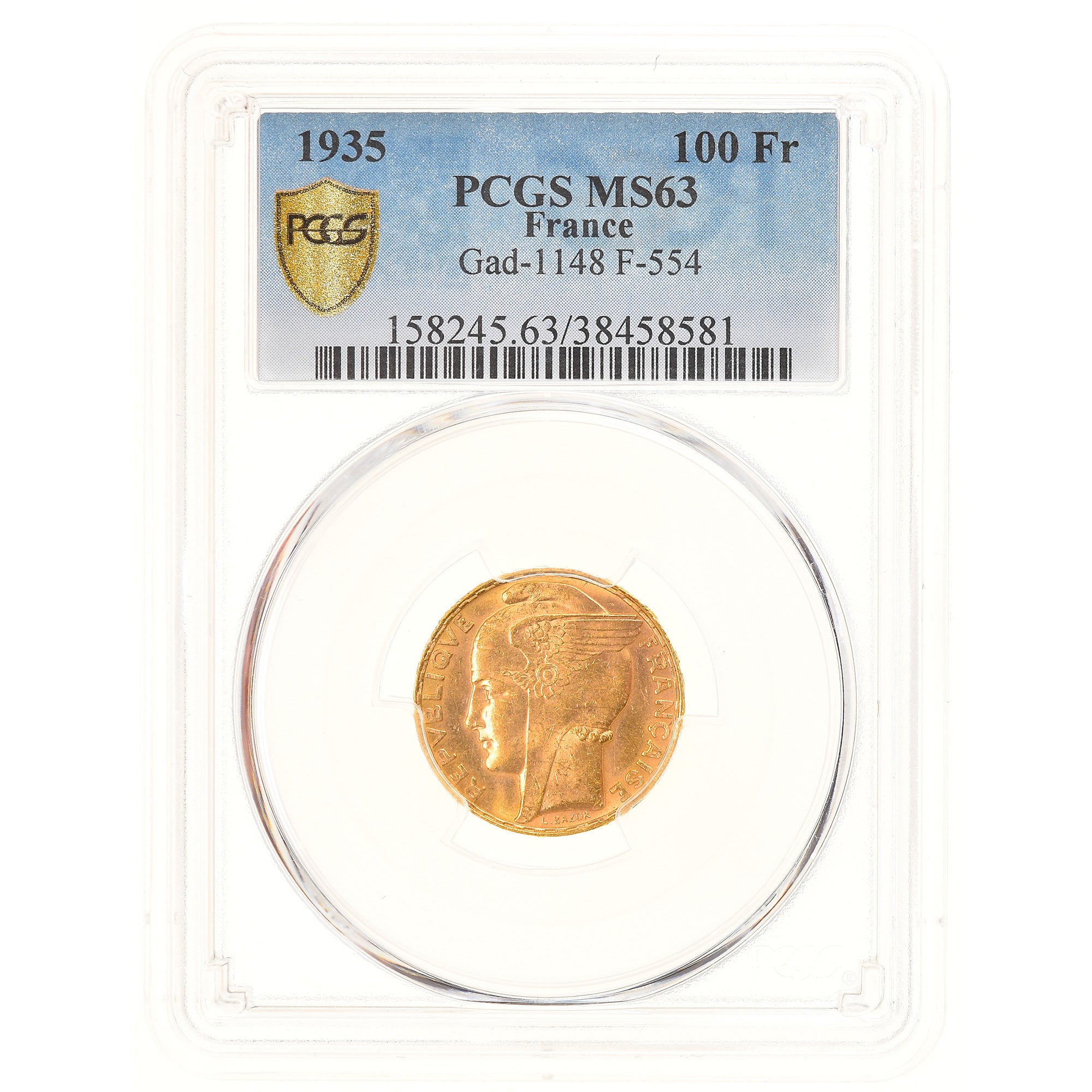 France, 100 Francs, Bazor, 1935, Paris, Or, PCGS, MS63, Gadoury:1148, KM:880