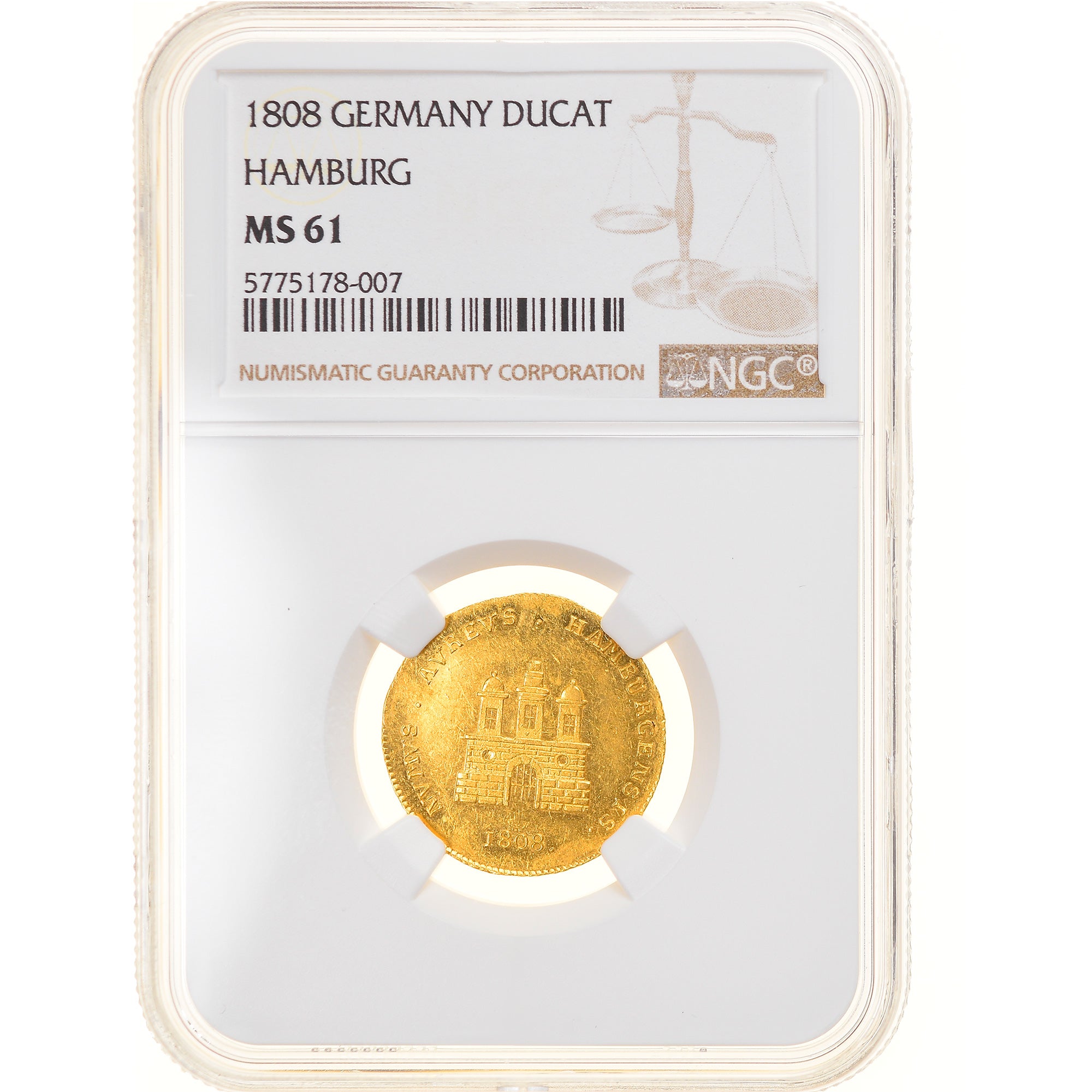 Free city of Hamburg, Ducat, 1808, Hamburg, Gold, NGC, MS61, Friedberg:1140