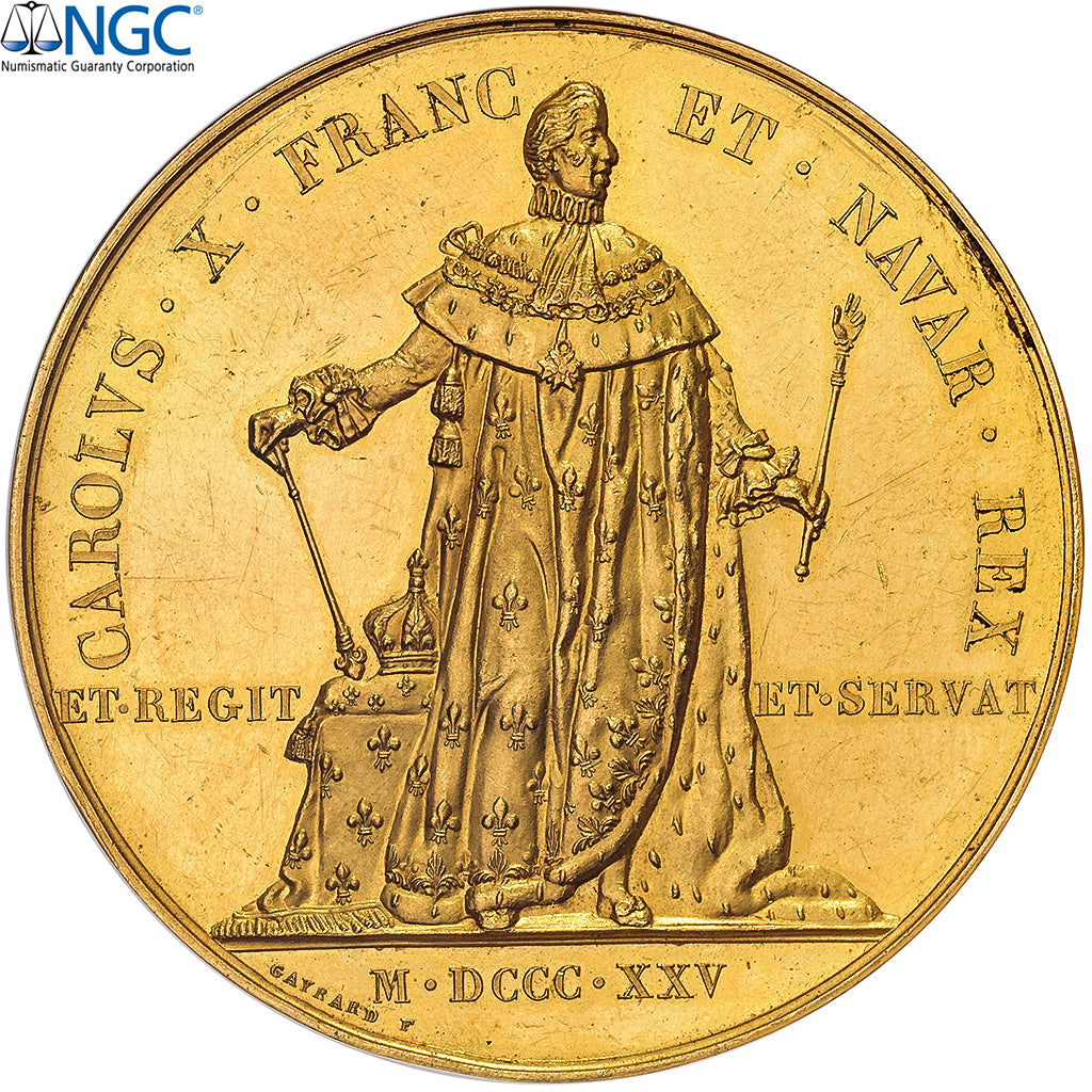 França, medalha, Charles X, Sacre, 1825, Dourado, Gayrard, NGC, MS61