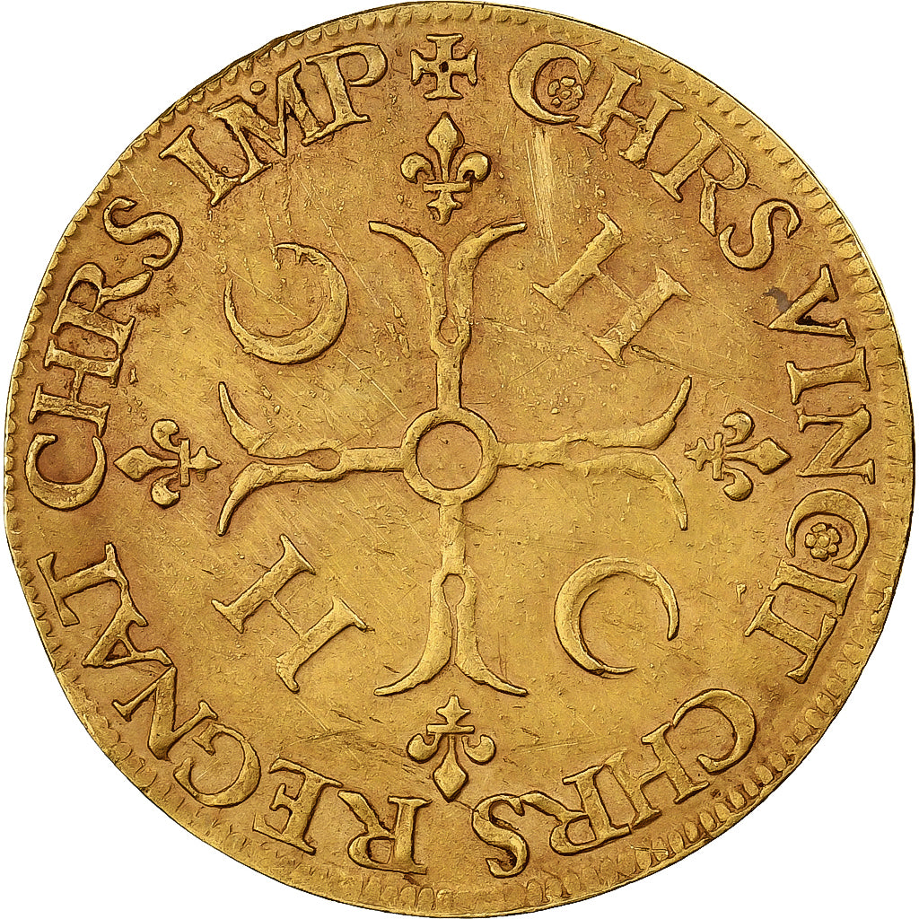 Francja, Henri II, Ecu d'or aux croissants, 1552, Paris, Złoto, AU(55-58)