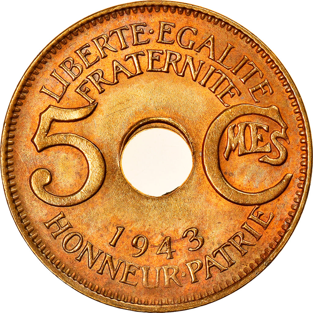 Französisch-Äquatorialafrika, 5 Centimes, 1943, Pretoria, Messing, PCGS, MS64