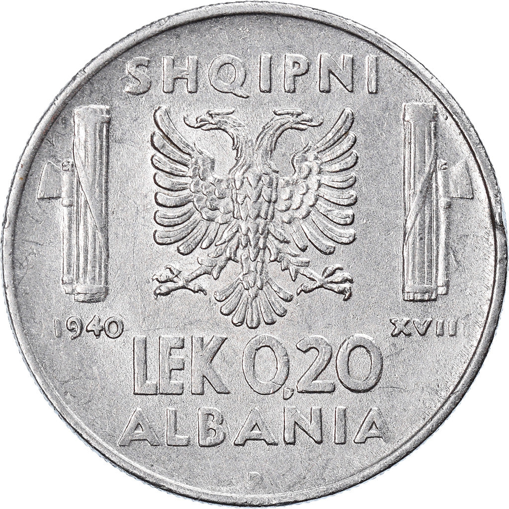 Coin, Albania, Vittorio Emanuele III, 0.20 Lek, 1940, Rome, AU(50-53), Stainless