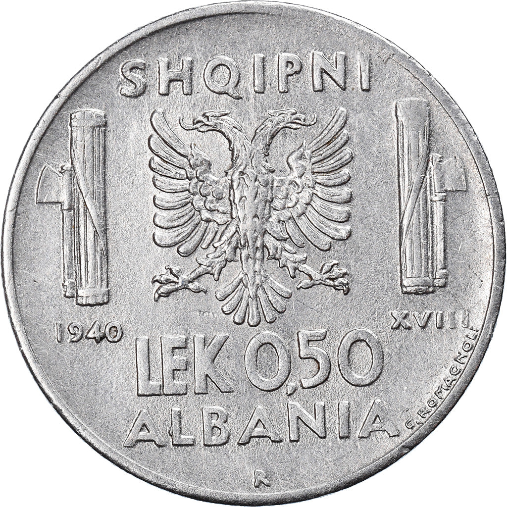 Coin, Albania, Vittorio Emanuele III, 0.50 Lek, 1940, Rome, AU(50-53), Stainless