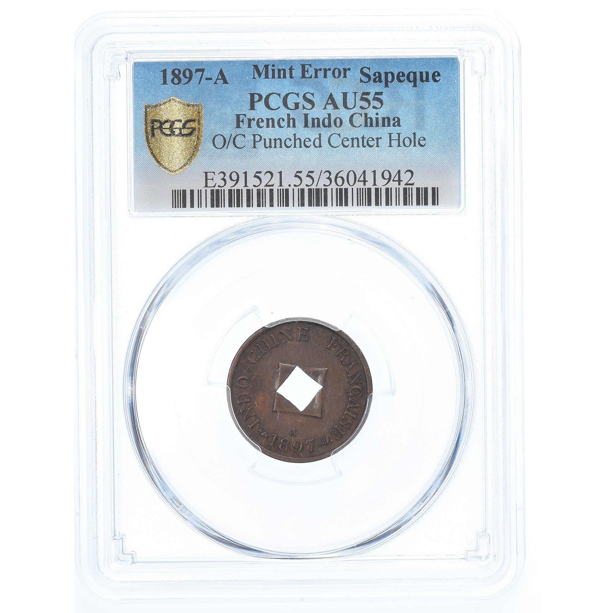 Münze, FRENCH INDO-CHINA, 2 Sapeque, 1897, Paris, Punched center hole, PCGS