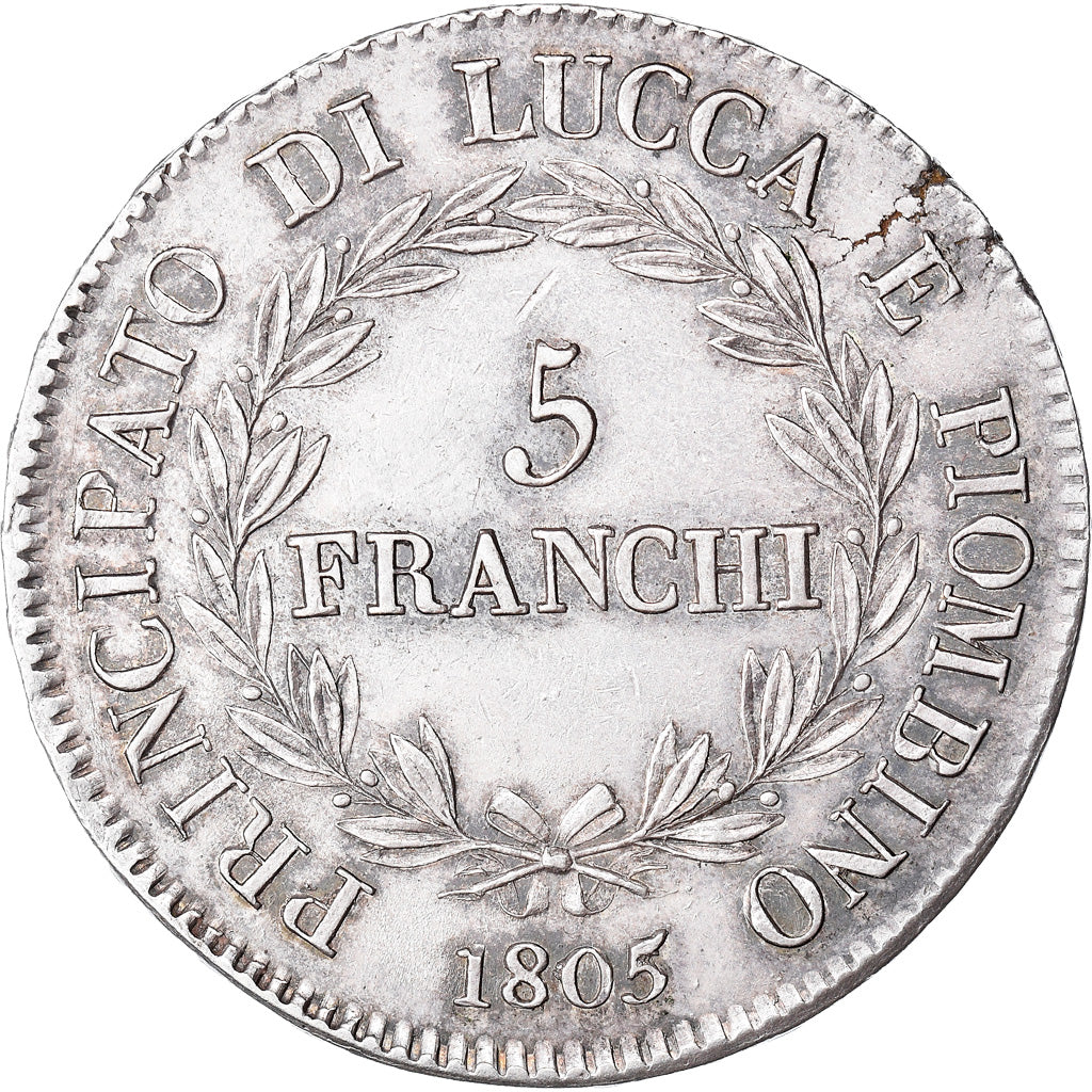 Coin, ITALIAN STATES, LUCCA, Felix and Elisa, 5 Franchi, 1805, Firenze