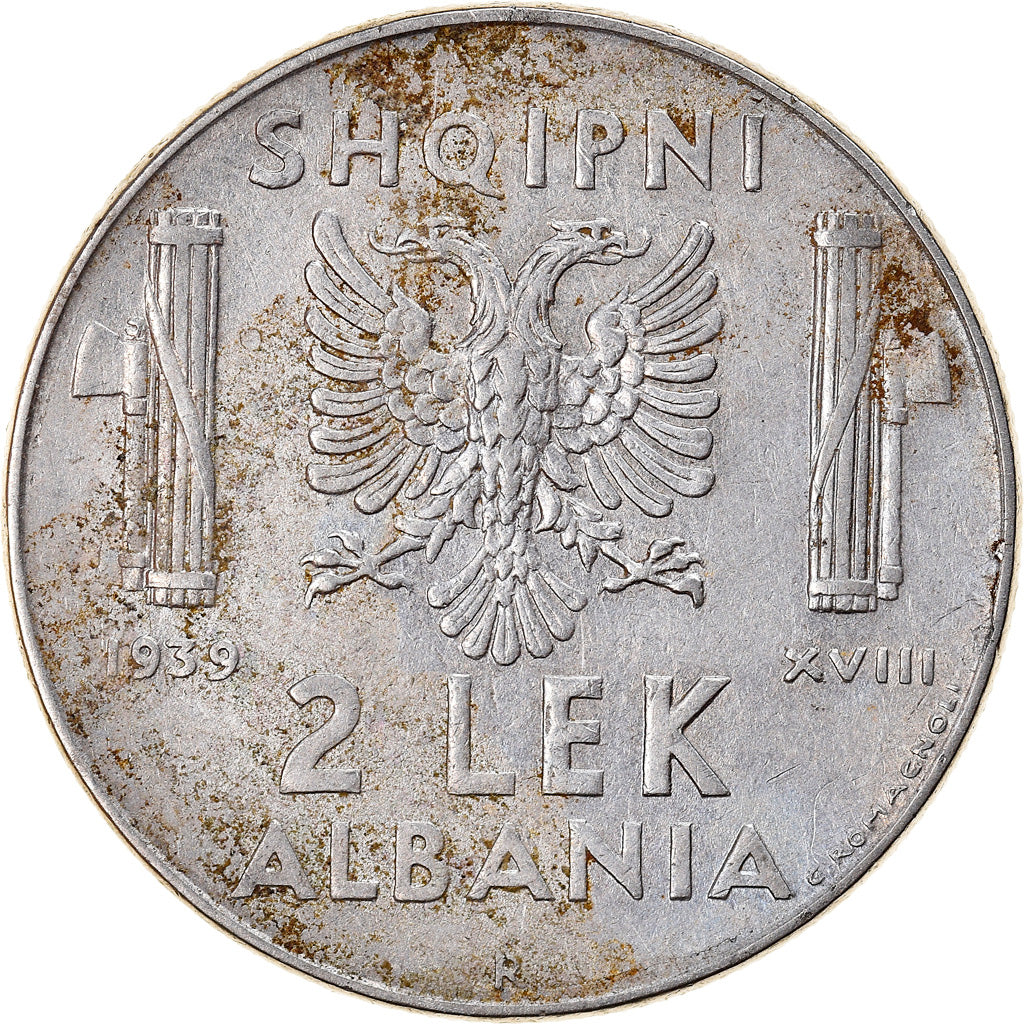 Moeda, Albânia, Vittorio Emanuele III, 2 Lek, 1939, Rome, EF(40-45), Aço