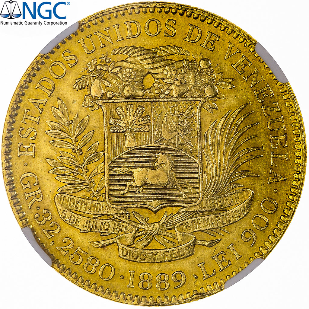Venezuela, 100 Bolivares, 1889, Caracas, Oro, NGC, AU55, KM:34