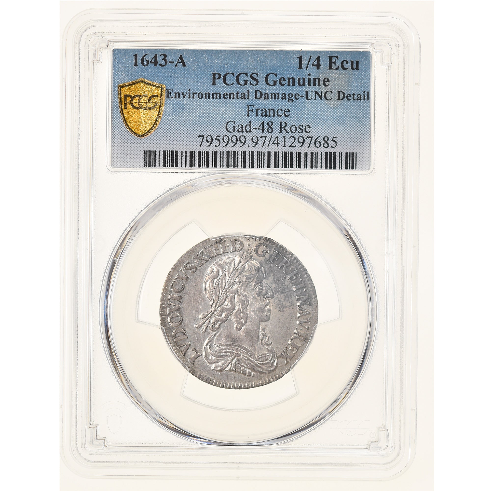 FRANCE, Louis XIII, 1/4 d'écu d'argent, 1643 Paris (rose), NGC UNC Details