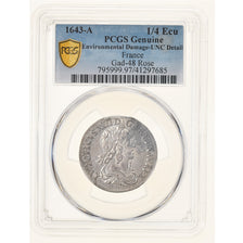 FRANCE, Louis XIII, 1/4 d'écu d'argent, 1643 Paris (rose), NGC UNC Details