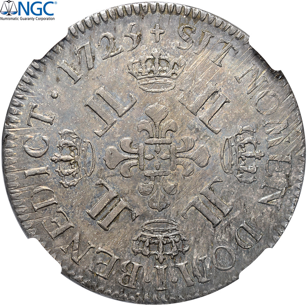 França, Louis XV, Ecu aux 8 L, 1725, Limoges, Pedigree, Prata, NGC, AU58