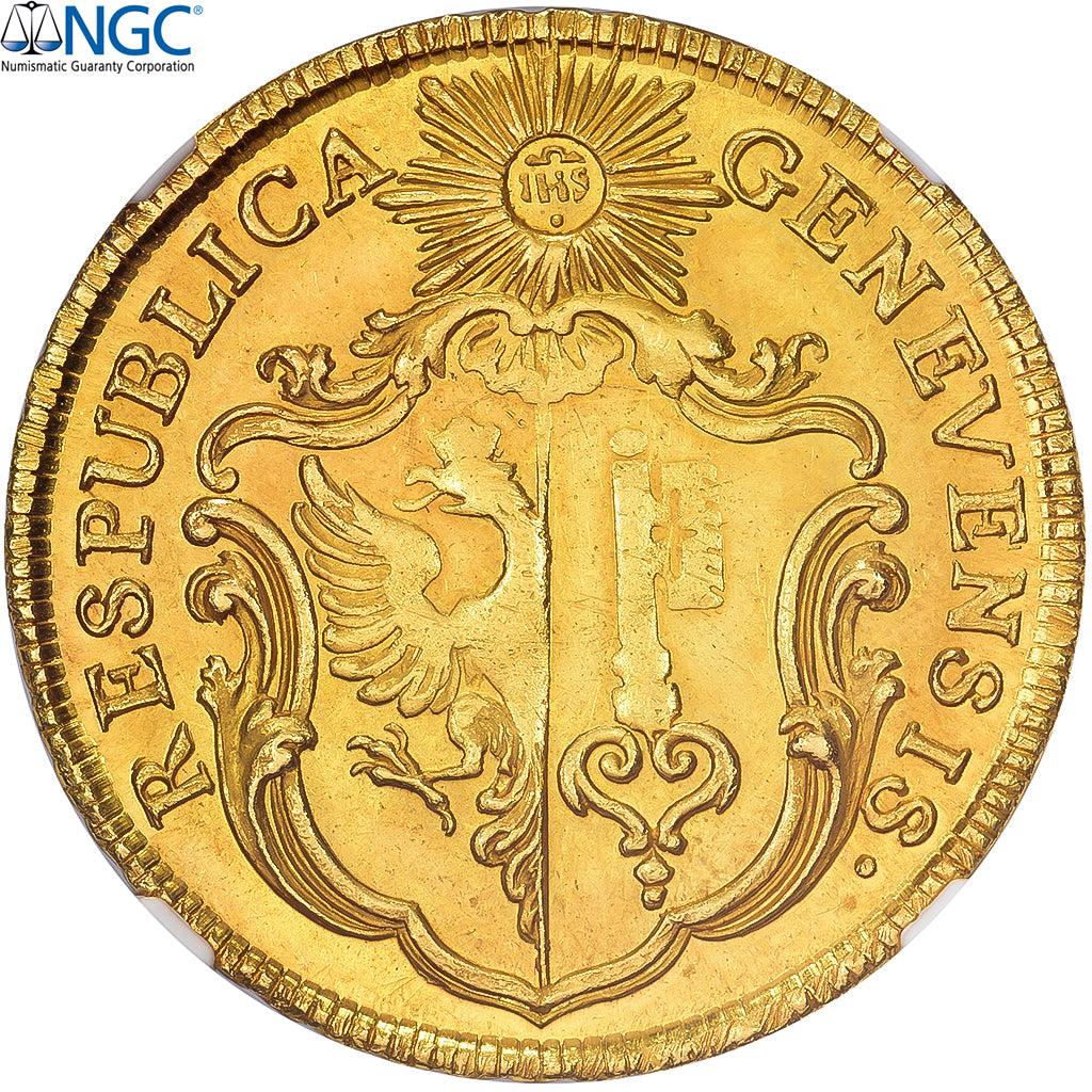 Republic of Geneva, 3 Pistoles, 1771, Geneva, Very rare, Oro, NGC, MS65, KM:84
