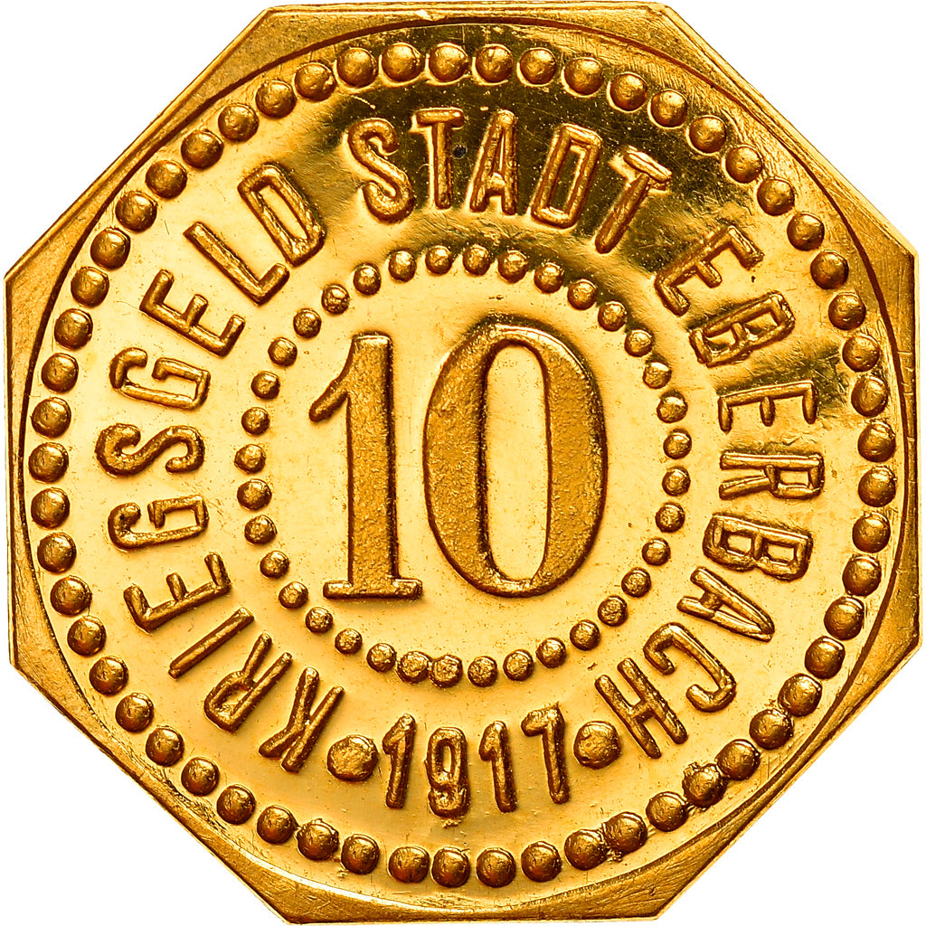 Alemanha, Stadt Eberbach, 10 Pfennig, 1917, SP64, Dourado