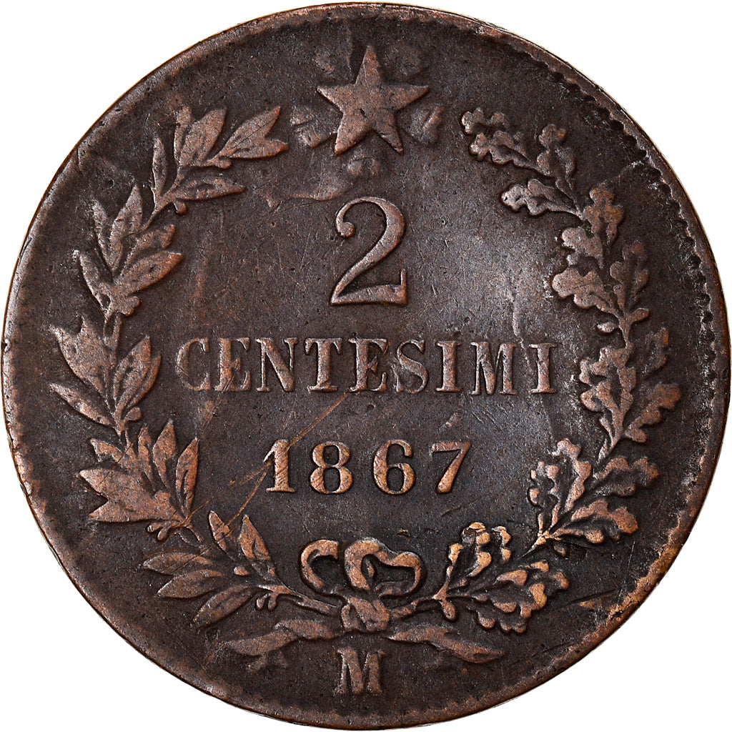 Moneda, Italia, Vittorio Emanuele II, 2 Centesimi, 1867, Milan, BC+, Cobre