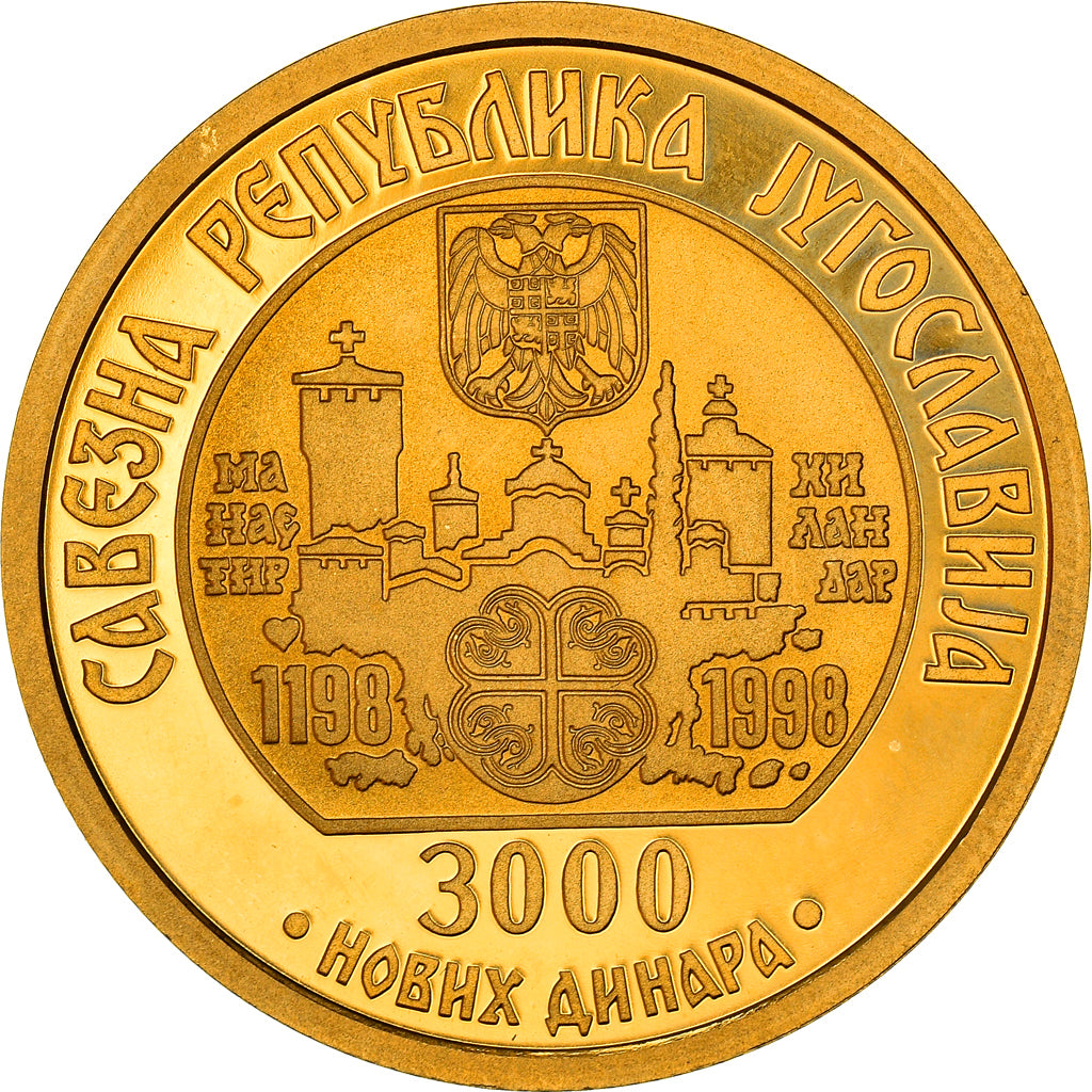 Yougoslavie, 3000 Novih Dinara, Chilandar, 1998, BE, Or, PCGS, PR67DCAM, KM:177