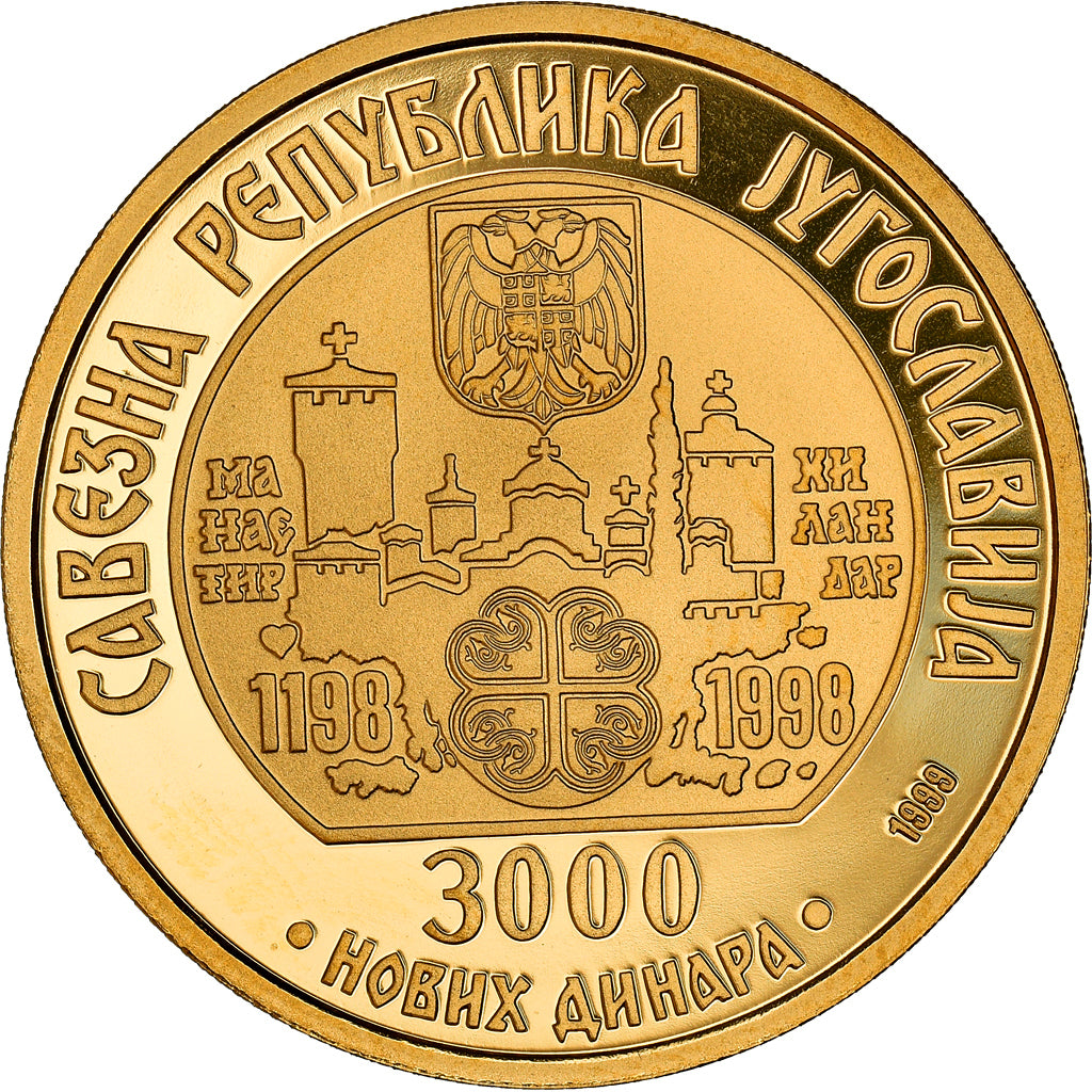 Yugoslavia, 3000 Novih Dinara, Hilandar, 1999, Proof, Gold, PCGS, PR68DCAM