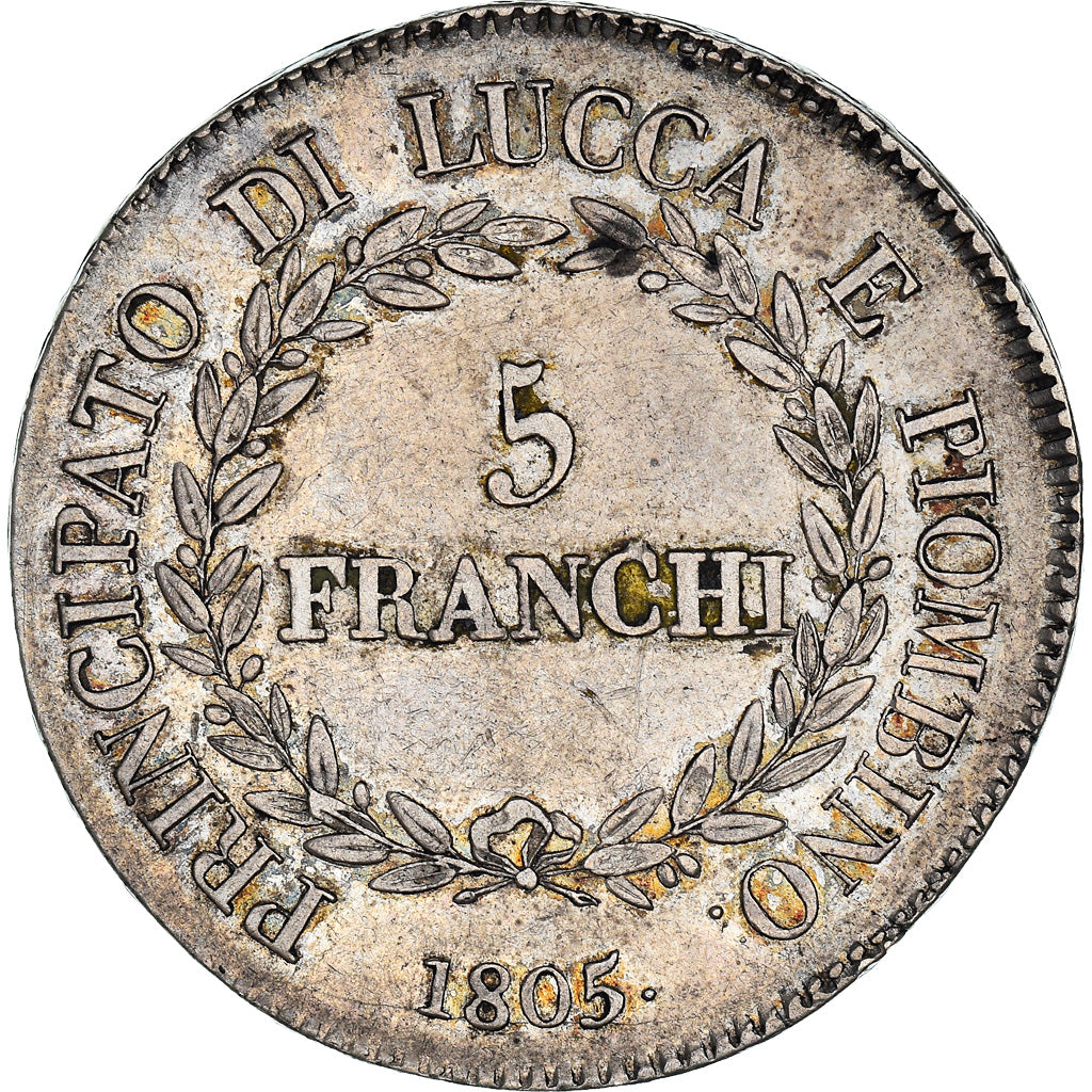 Moeda, ESTADOS ITALIANOS, LUCCA, Felix and Elisa, 5 Franchi, 1805, Firenze