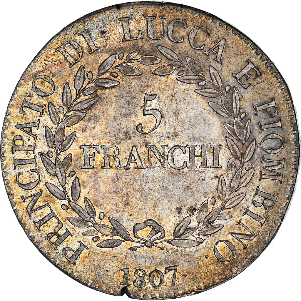 Coin, ITALIAN STATES, LUCCA, Felix and Elisa, 5 Franchi, 1807, Firenze
