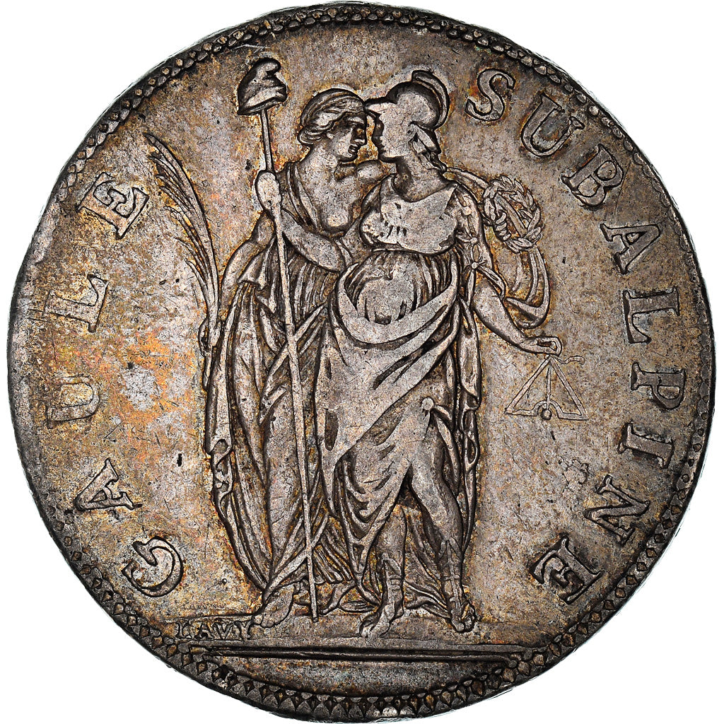 Munten, Italiaanse staten, PIEDMONT REPUBLIC, 5 Francs, An 10, ZF, Zilver, KM:4