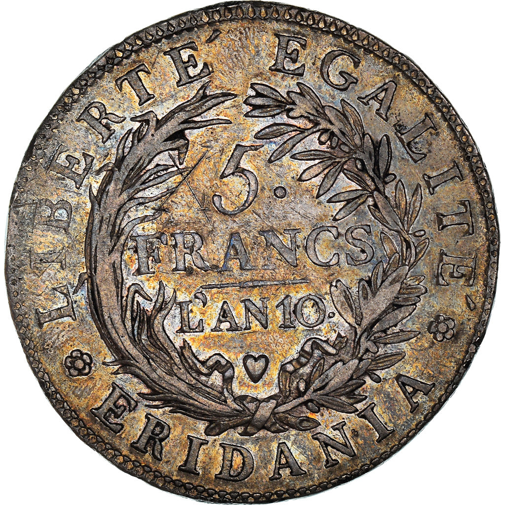 Munten, Italiaanse staten, PIEDMONT REPUBLIC, 5 Francs, An 10, ZF, Zilver, KM:4