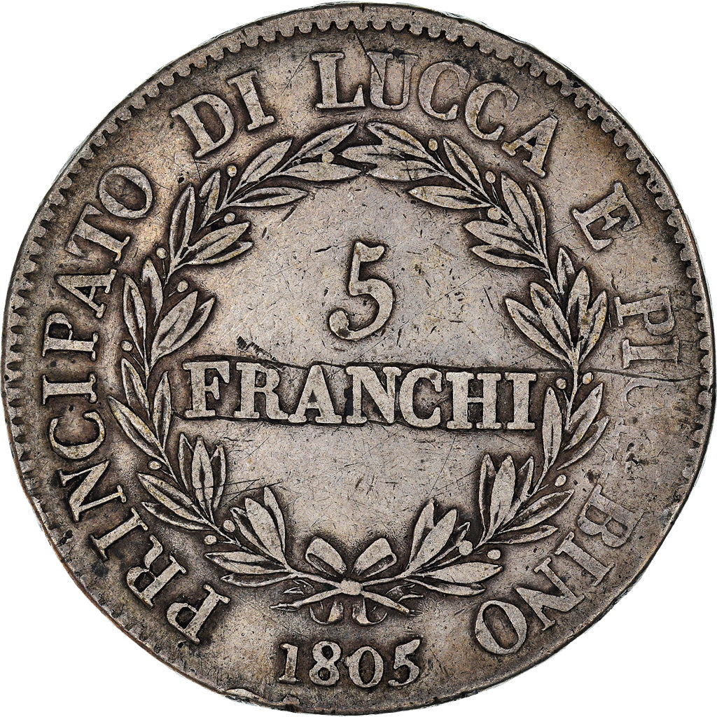 Moneta, STATI ITALIANI, LUCCA, Felix and Elisa, 5 Franchi, 1805, Firenze, MB+