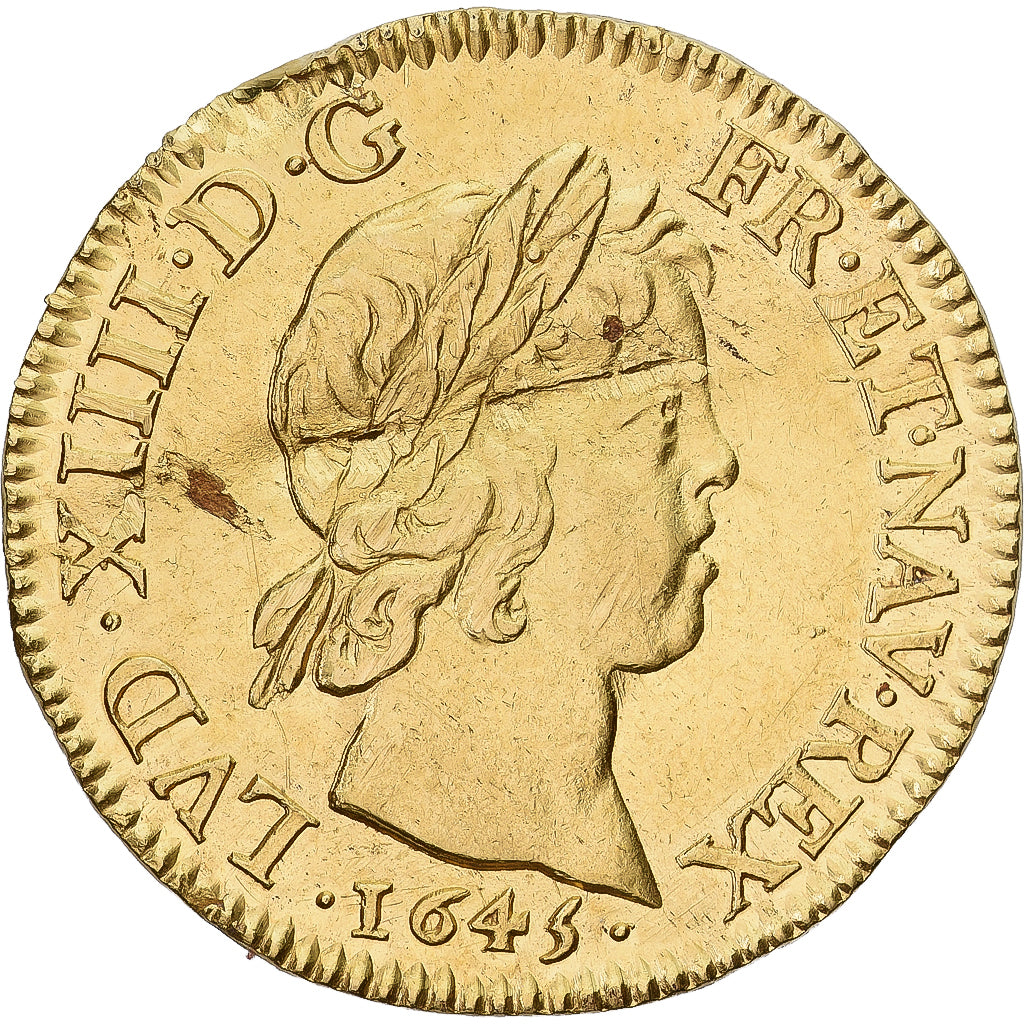 Francia, Louis XIV, louis d'or à la mèche courte, 1645, Lyon, Oro, BB