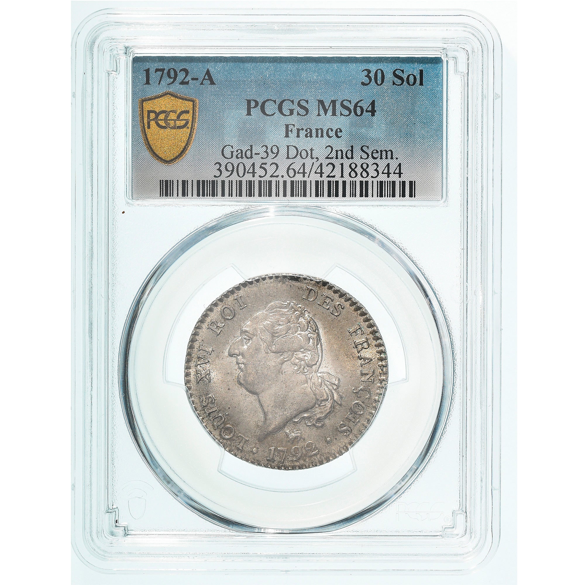 France, Louis XVI, 30 Sols, 1792, Paris, Silver, PCGS, MS64, Gadoury:39