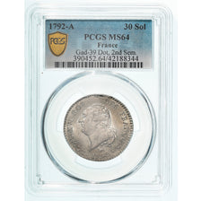 France, Louis XVI, 30 Sols, 1792, Paris, Silver, PCGS, MS64, Gadoury:39