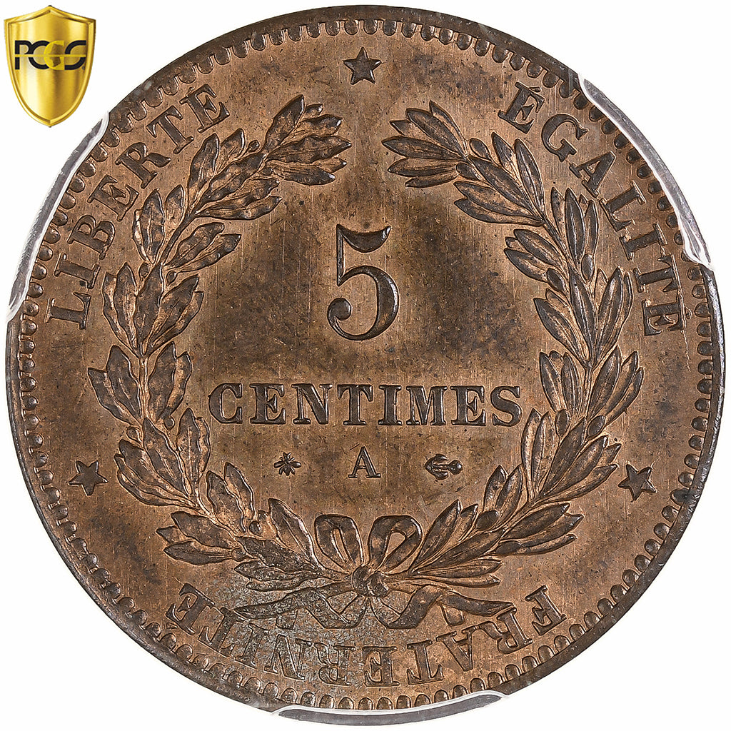 Francia, 5 Centimes, Cérès, 1877, Paris, Bronzo, PCGS, MS64RB, Gadoury:157a